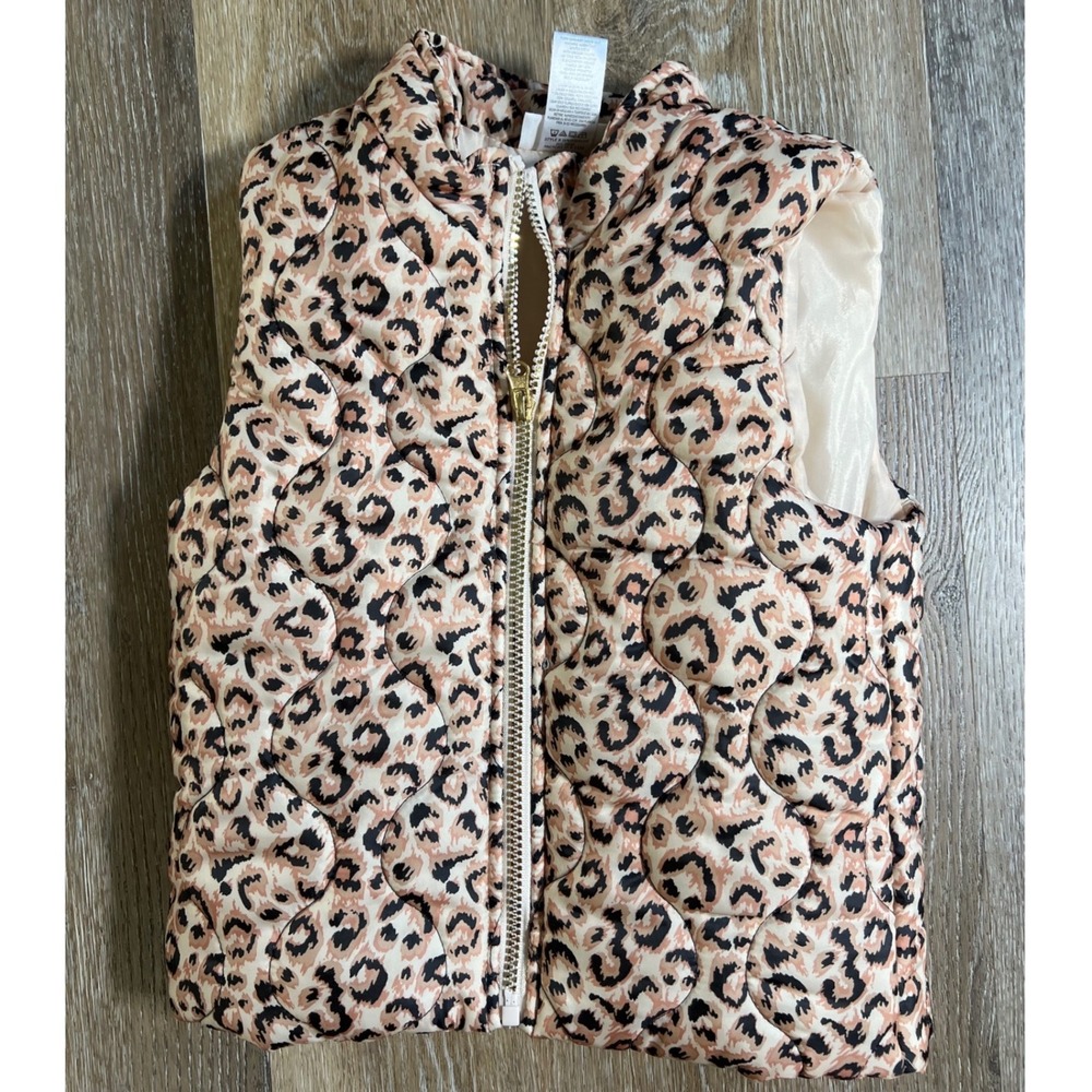 Rachel Zoe Puffer Vest Girls Size 10 Pink Tan Leopard Print Quilted Full Zip